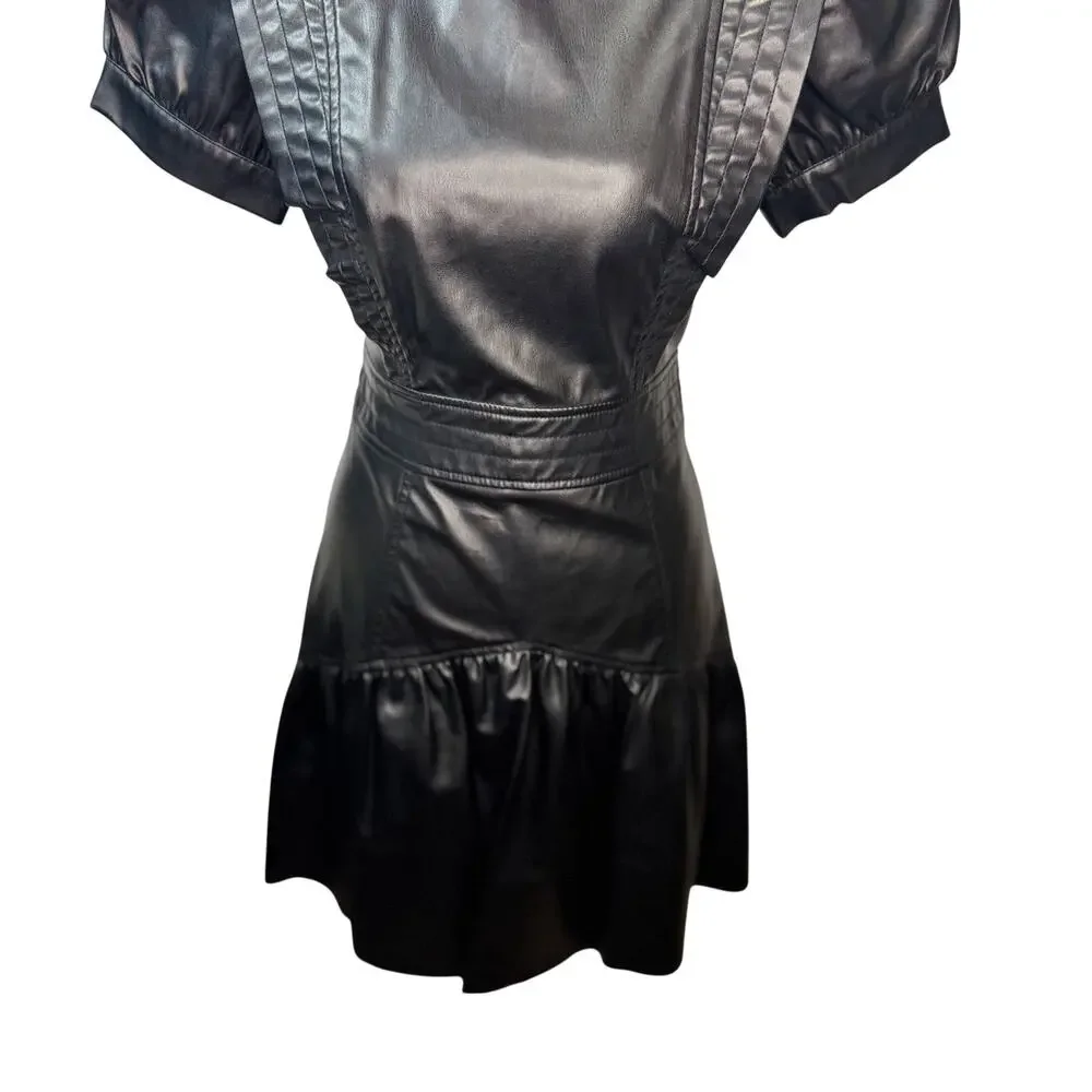 Zara Faux Leather Mini Dress Black Women's XS Ruffle Puff Flounce Hem Coquette - Picture 3 of 16
